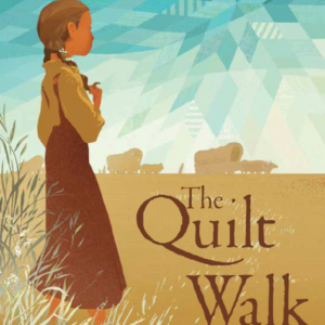 A book cover showing a girl standing in a field with several covered wagons behind her