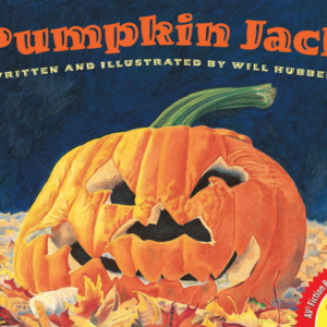A book cover features a glowing jack-o'-lantern with a carved face resting among fallen autumn leaves against a dark blue, starry night sky.