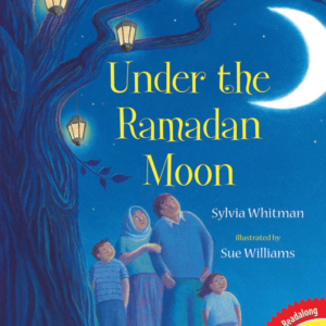 A book cover showing a family of four standing under a tree with glowing lanterns and a crescent moon in a night sky.