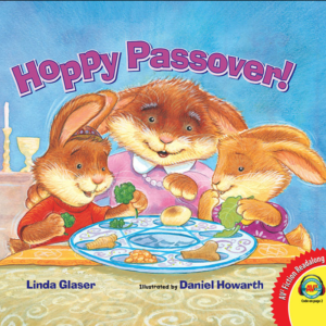 A book cover showing 3 cartoon bunnies sitting around a Seder plate.
