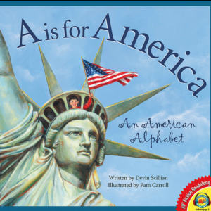 A book cover showing a child holding an American flag peeks from the Statue of Liberty's crown.