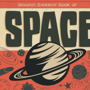 A book cover with a vintage aesthetic features a large dark brown "SPACE" title, with a prominent illustration of a ringed planet, stars, and other celestial objects, all on an orange background with a distressed texture.