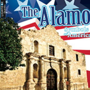 A book cover showing a photo of the historic Alamo building with a patriotic background of red, white, and blue stars and stripes.