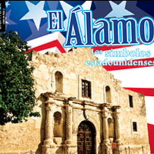 A book cover showing a photo of the historic Alamo building with a patriotic background of red, white, and blue stars and stripes.