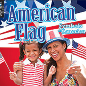 A book cover showing a smiling person and child waving American flags, with a festive background of stars and red, white, and blue colors.