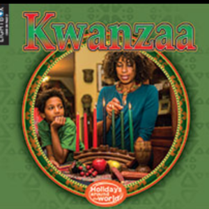 A book cover showing an adult lighting candles on a kinara with a young child observing next to them.