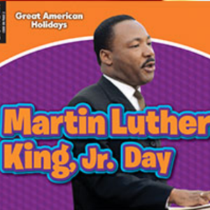 A book cover showing a portrait of Martin Luther King Jr. speaking at a podium on a purple and orange background.