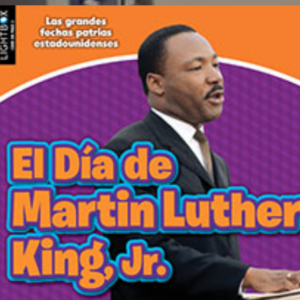 A book cover showing a portrait of Martin Luther King Jr. speaking at a podium on a purple and orange background.