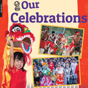 A book cover showing a young child holding a dragon head, with two inset photos of celebrations.