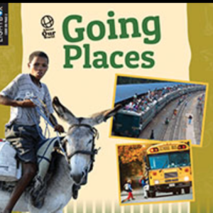 A book cover showing a person riding a donkey, with inset photos of a crowded train and a school bus.