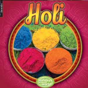 A book cover showing multiple jars of Holi powder.