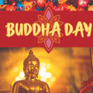 A book cover showing a golden Buddha statue against a blurred, glowing background, with a red banner and colorful lanterns at the top.