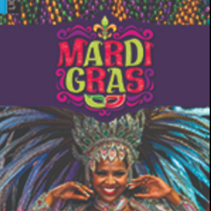 A book cover showing a person in an elaborate feathered costume with a colorful mask design above them and scattered beads.