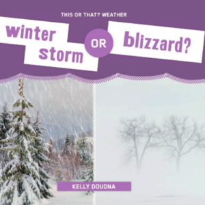 A book cover showing two pictures, one of a peaceful snowfield and the other of a windy blizzard