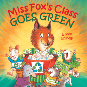 A book cover showing a cartoon of a teacher holding recycling boxes with cans and kids cheering around her