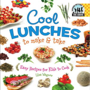 A book cover showing a variety of foods including vegetables, sandwiches, fruit kabobs and nuts and seeds