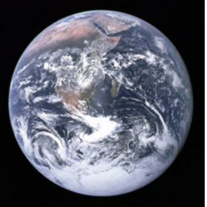 a full, detailed image of Earth from space, showing continents, oceans, and swirling white clouds against a black background.
