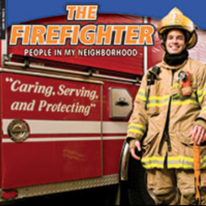 A book cover showing a fireman standing in front of a fire engine.