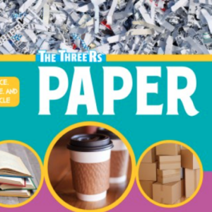 A book cover with a teal background features a top image of shredded white paper and three circular insets showing stacks of books, paper coffee cups, and cardboard boxes.