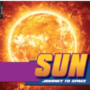 A book cover shows a photorealistic image of the sun with fiery flares and a swirling surface, with the word "SUN" in large yellow letters with a purple shadow on a purple banner.