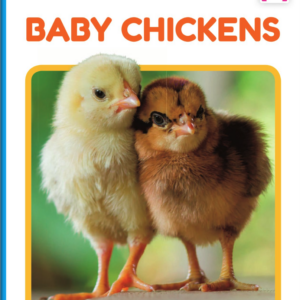 A book cover displays two fluffy baby chicks, one light yellow and one light brown, standing close together on a light green surface with a blurred green background.