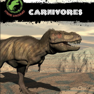 A book cover depicts a large, fierce Tyrannosaurus Rex in a barren, rocky landscape under a cloudy sky.