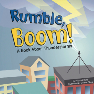 A book cover depicts stylized cartoon buildings under a stormy sky with dark clouds and a bright lightning bolt.