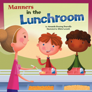 A book covering two kids and a teacher in a school lunchroom
