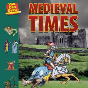 A drawing of a knight on a horse with a picture of a field and castle in the background