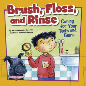 A book cover showing a kid in a bathroom rinsing his teeth while a dog watches