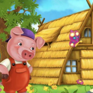 A book cover showing a pig in front of a wooden house