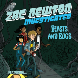 A book cover with a cartoon drawing of four kids hiking in the dark with a flashlight