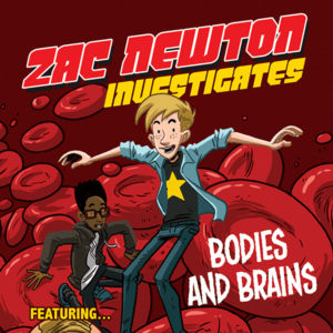 A book cover with a cartoon of two boys riding on red blood cells