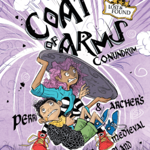 A book cover showing a cartoon of two kids hiding behind a shield
