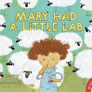 A book cover showing a girl wearing science glasses surrounded by fluffy lambs