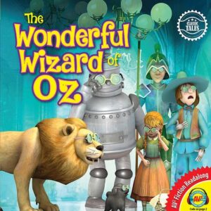 A book cover showing a girl, an iron man, a lion and a scarecrow