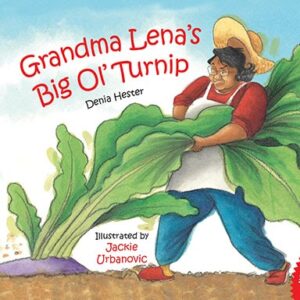 A book cover showing a woman pulling a giant turnip from her garden
