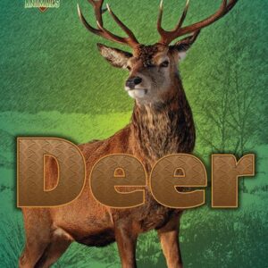 A book cover shows a deer with large antlers looking towards the viewer from among tall green plants.