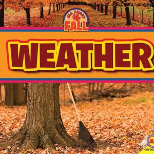 A book cover shows a rake leaning against a tree trunk surrounded by fallen autumn leaves, with a top border depicting a lane lined with trees in their fall colors.