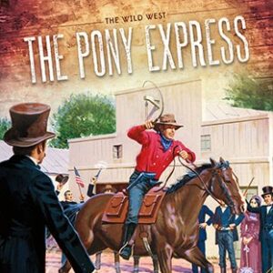 A book cover showing a man riding a horse through a pioneer town