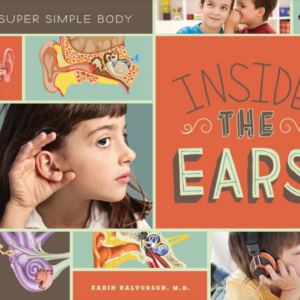 A book cover showing a kid holding their ear and drawings of the inside of an ear.