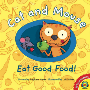 A book cover showing a drawing of a cat and mouse eating fruit.