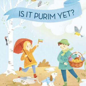 A book cover showing a spring scene with two children and a dog outdoors. One child holds an open orange umbrella and a small flag, while the other carries a basket of eggs and flowers.