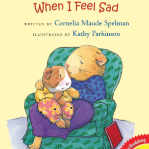A book cover showing a drawing of a hamster in clothes on a chair comforting their child who looks sad.