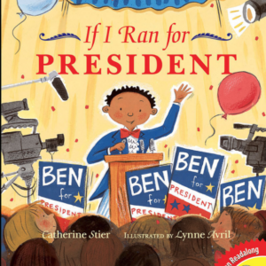 A book cover showing a kid at a podium with signs and tv crews