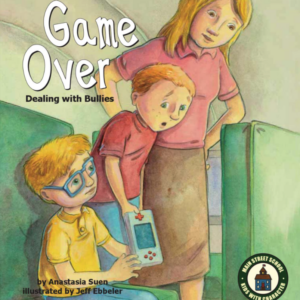 A book cover showing two boys holding a video game and a parent watching them.