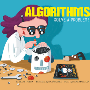 A cartoon of a girl using tools to fix a robot