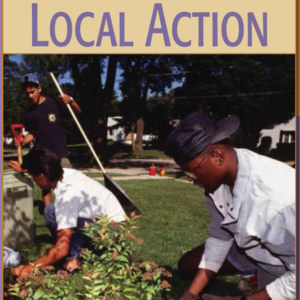 A book cover with a picture of people working in a garden