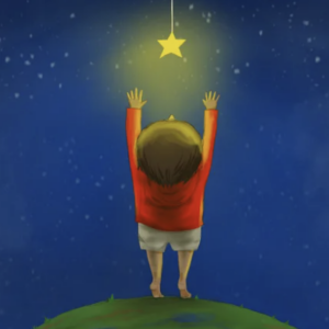 A drawing of a child reaching for a star above his head.