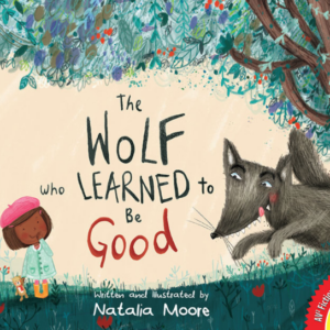 A book cover showing a girl in a forest and a wolf sneaking up by her.